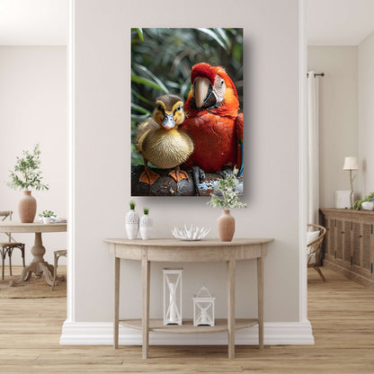 Eendenkuiken en Ara: Een Onverwachte Vriendschap canvas met baklijst