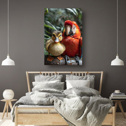Eendenkuiken en Ara: Een Onverwachte Vriendschap canvas met baklijst