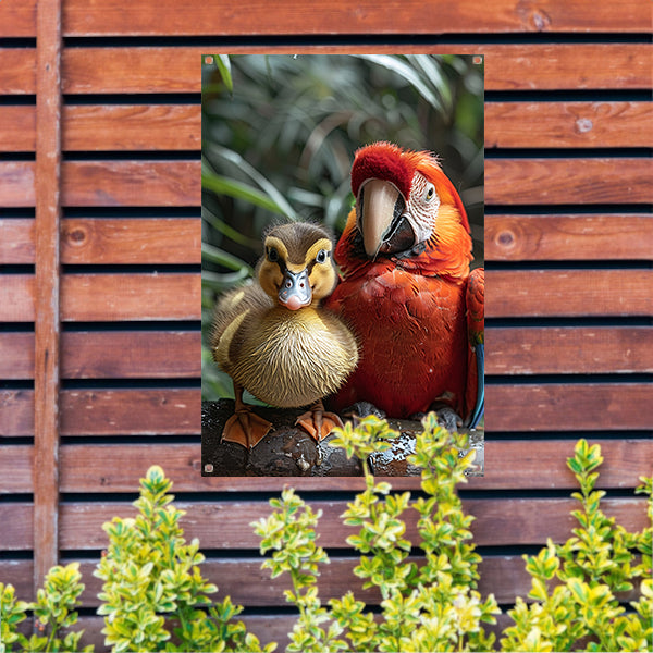Eendenkuiken en Ara: Een Onverwachte Vriendschap tuinposter