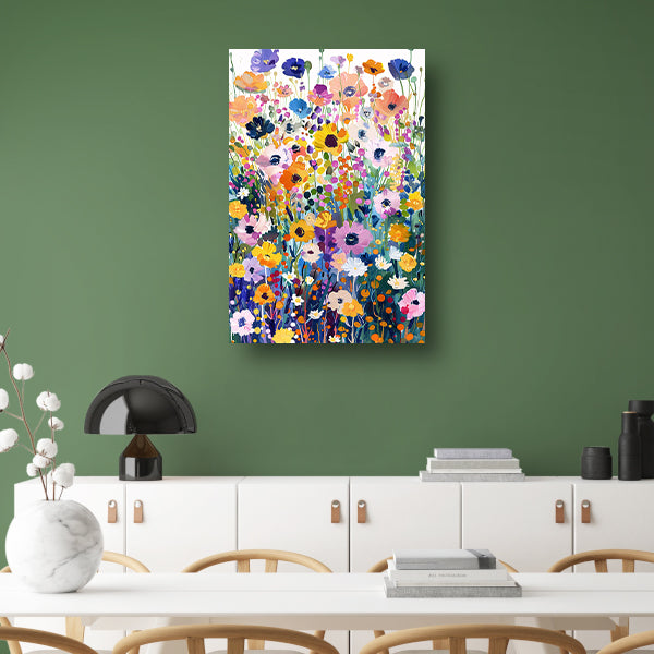 Kleurvol schilderij van bloemenveld in bloei canvas met baklijst