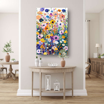 Kleurvol schilderij van bloemenveld in bloei canvas