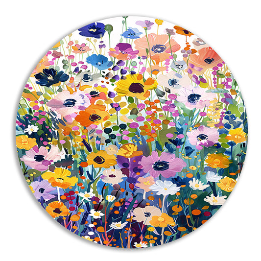 Kleurvol schilderij van bloemenveld in bloei aluminium muurcirkel