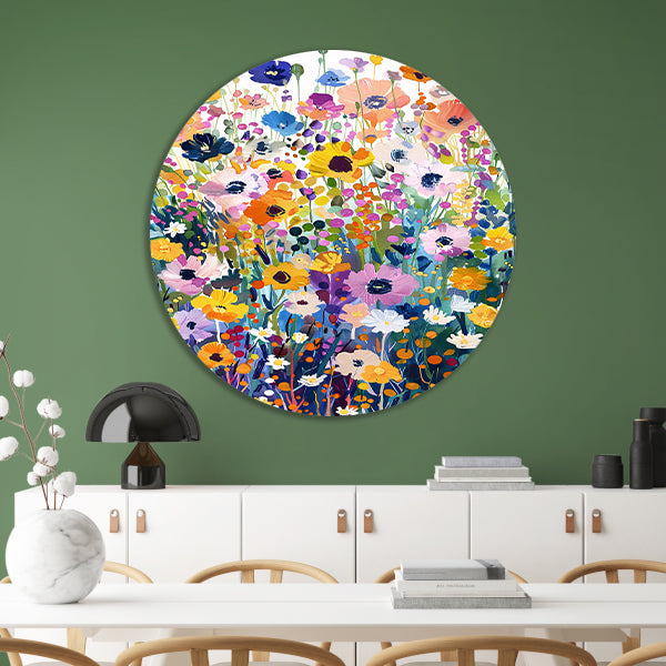 Kleurvol schilderij van bloemenveld in bloei aluminium muurcirkel
