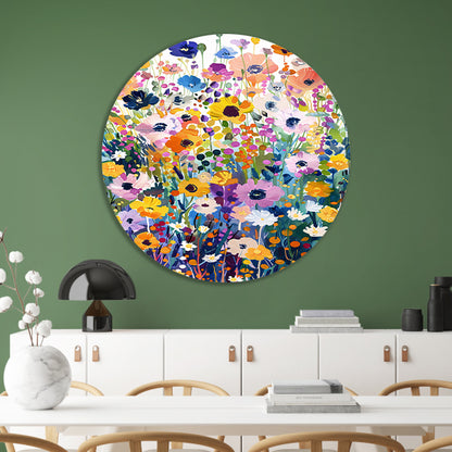 Kleurvol schilderij van bloemenveld in bloei aluminium muurcirkel