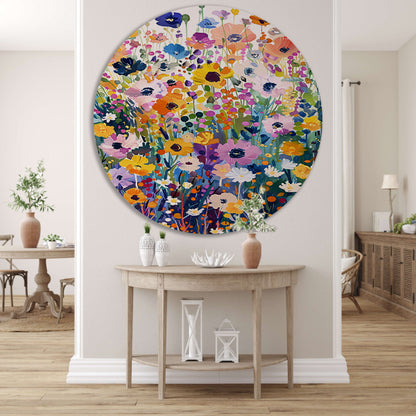 Kleurvol schilderij van bloemenveld in bloei aluminium muurcirkel