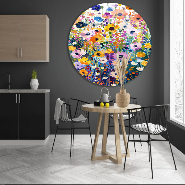 Kleurvol schilderij van bloemenveld in bloei aluminium muurcirkel