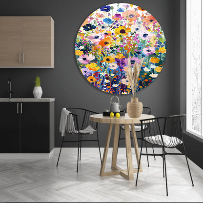 Kleurvol schilderij van bloemenveld in bloei aluminium muurcirkel