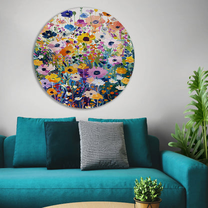 Kleurvol schilderij van bloemenveld in bloei aluminium muurcirkel