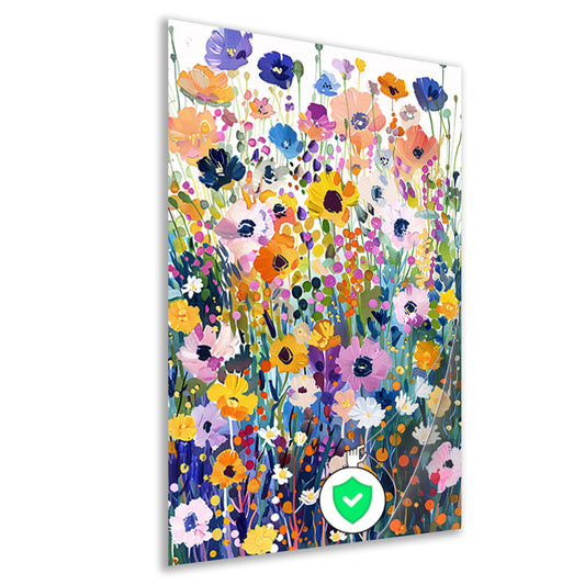 Kleurvol schilderij van bloemenveld in bloei poster