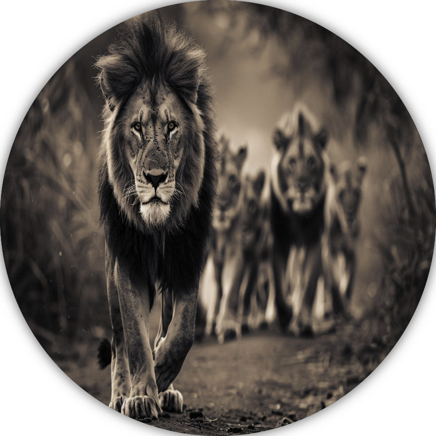 Leeuwenfamilie op savanne aluminium muurcirkel
