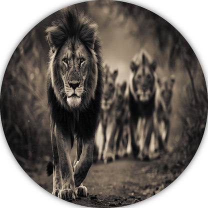Leeuwenfamilie op savanne aluminium muurcirkel
