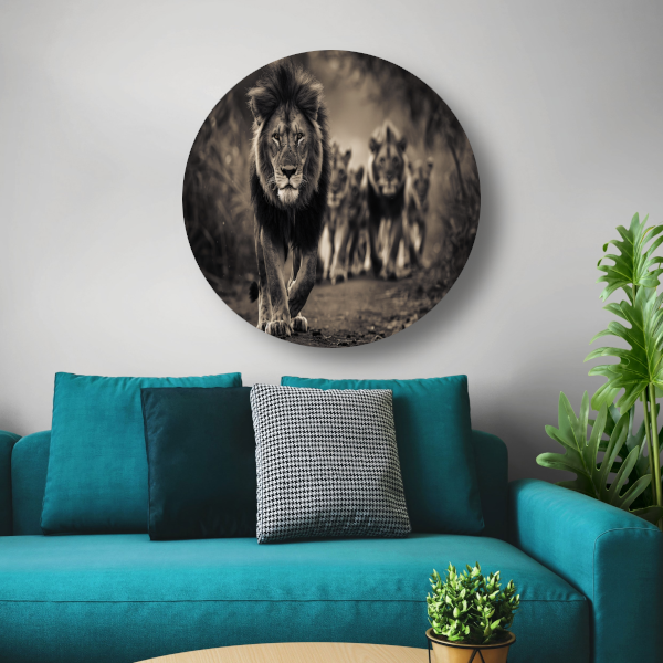Leeuwenfamilie op savanne aluminium muurcirkel
