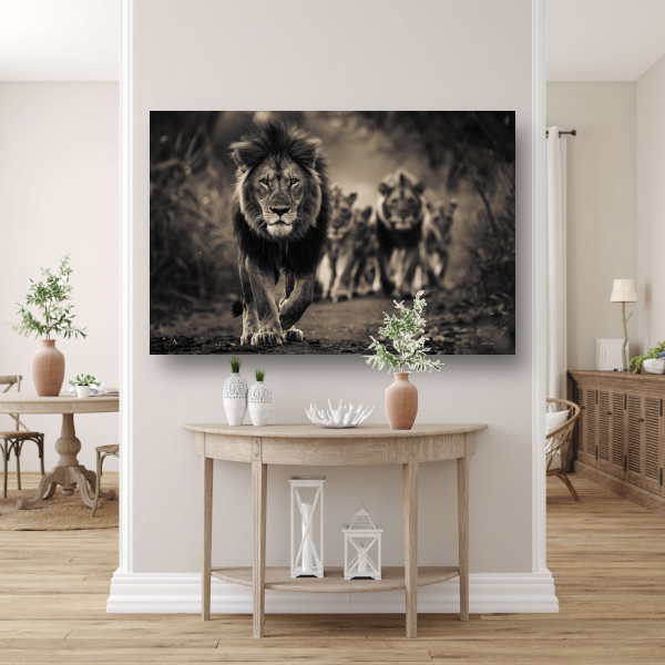 Leeuwenfamilie op savanne canvas met baklijst