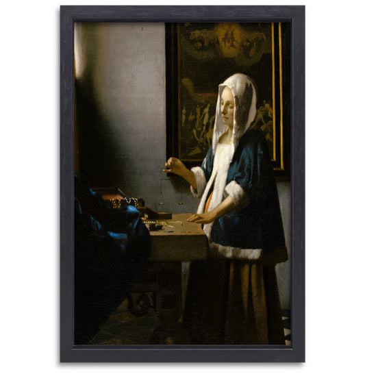 Vrouw met een weegschaal - Johannes Vermeer canvas met baklijst