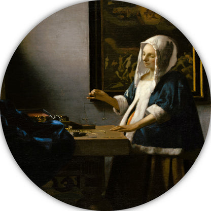 Vrouw met een weegschaal - Johannes Vermeer aluminium muurcirkel