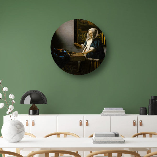 Vrouw met een weegschaal - Johannes Vermeer aluminium muurcirkel