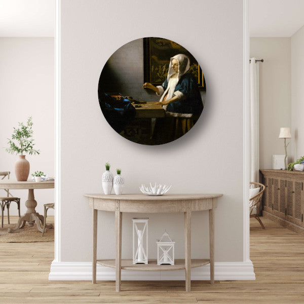 Vrouw met een weegschaal - Johannes Vermeer aluminium muurcirkel