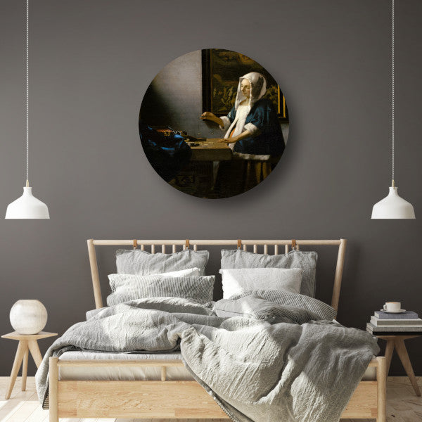 Vrouw met een weegschaal - Johannes Vermeer aluminium muurcirkel