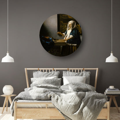 Vrouw met een weegschaal - Johannes Vermeer aluminium muurcirkel
