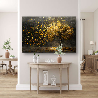 Abstracte boom met gouden bladeren kunst canvas met baklijst