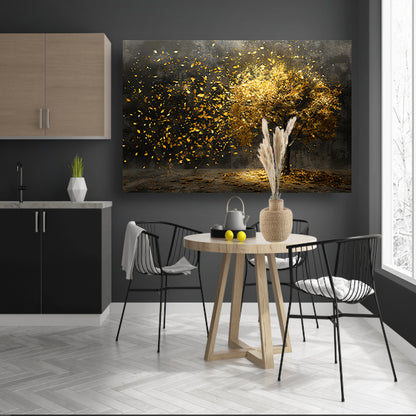 Abstracte boom met gouden bladeren kunst canvas met baklijst