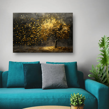 Abstracte boom met gouden bladeren kunst canvas met baklijst