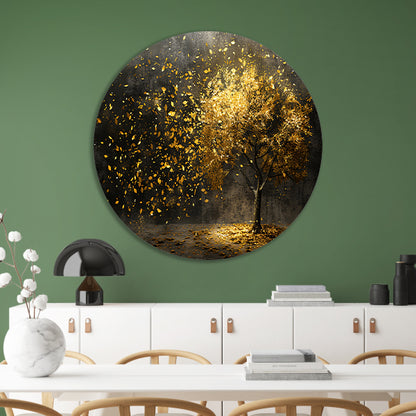 Abstracte boom met gouden bladeren kunst aluminium muurcirkel