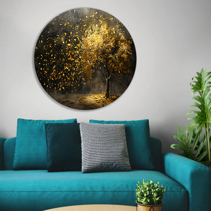 Abstracte boom met gouden bladeren kunst aluminium muurcirkel