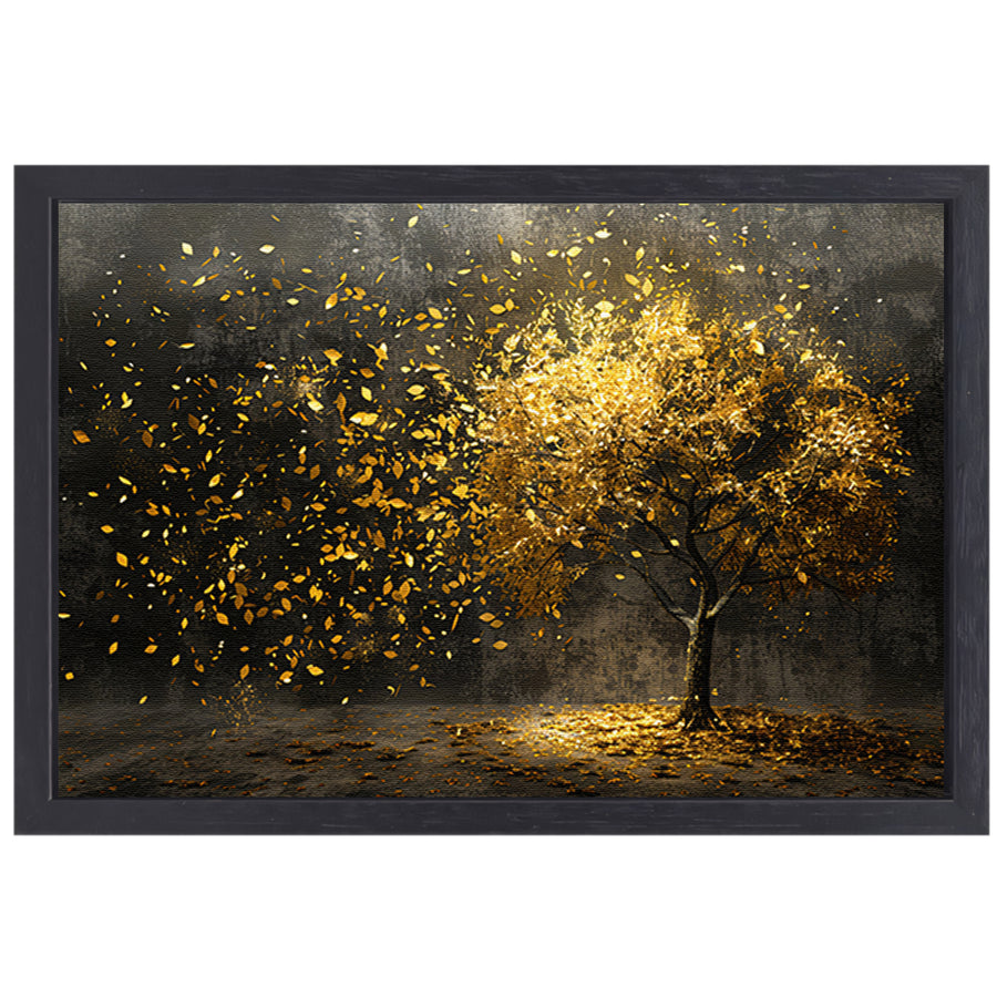 Abstracte boom met gouden bladeren kunst canvas met baklijst