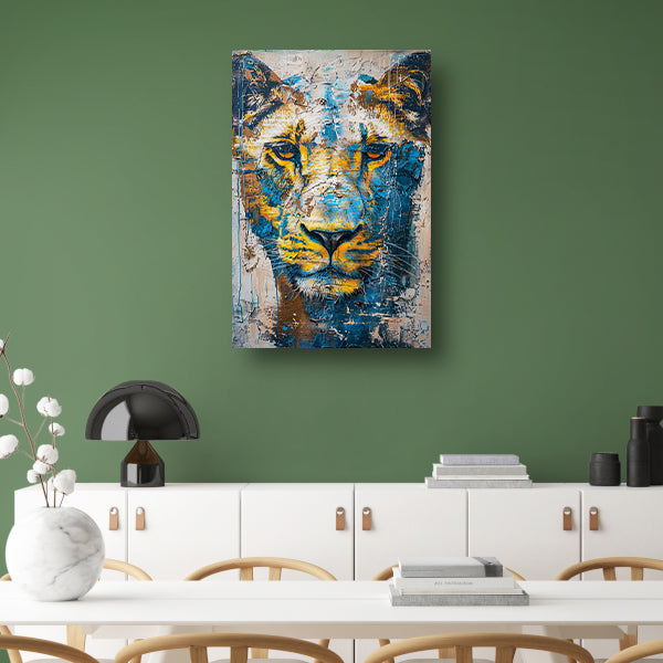 Abstract schilderij van een dynamische leeuw canvas met baklijst