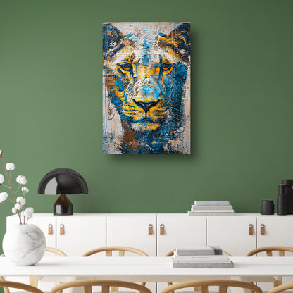 Abstract schilderij van een dynamische leeuw canvas met baklijst