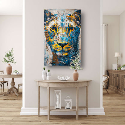 Abstract schilderij van een dynamische leeuw canvas met baklijst