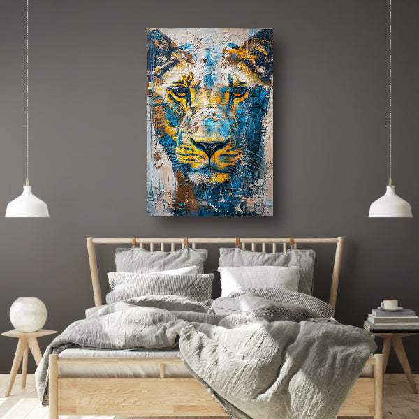 Abstract schilderij van een dynamische leeuw canvas met baklijst