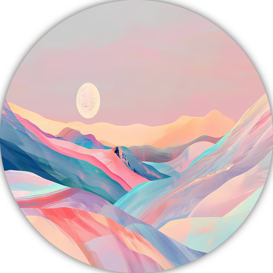 Abstract landschap in pastelkleuren met prominente maan forex muurcirkel