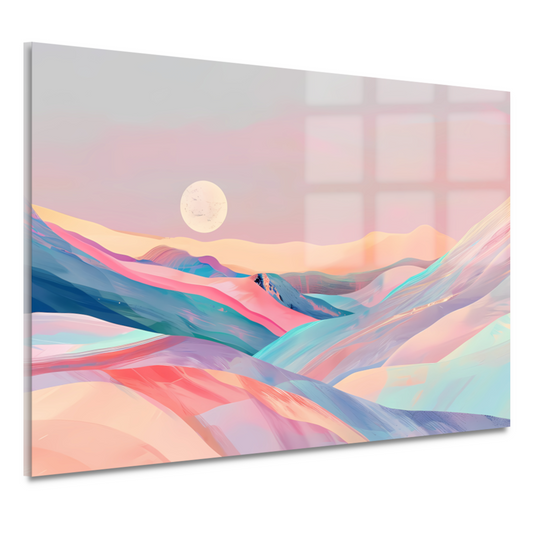 Abstract landschap in pastelkleuren met prominente maan acrylglas
