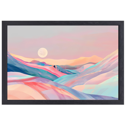 Abstract landschap in pastelkleuren met prominente maan canvas met baklijst