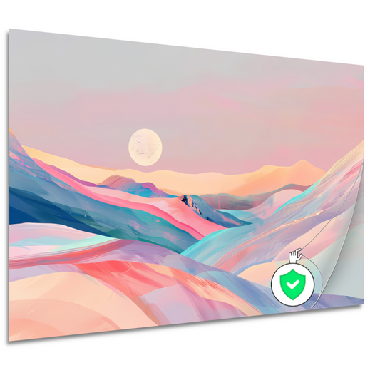 Abstract landschap in pastelkleuren met prominente maan poster