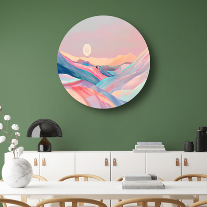 Abstract landschap in pastelkleuren met prominente maan aluminium muurcirkel
