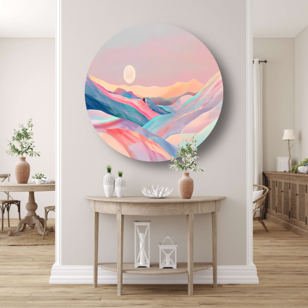 Abstract landschap in pastelkleuren met prominente maan aluminium muurcirkel