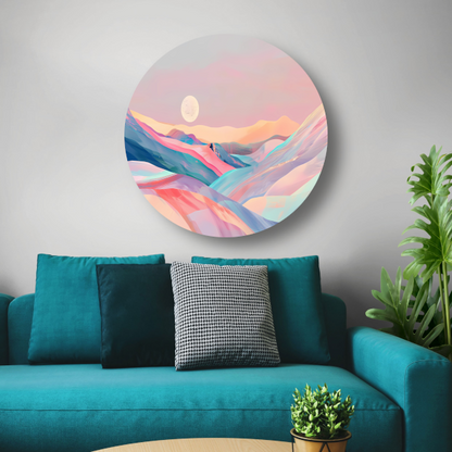 Abstract landschap in pastelkleuren met prominente maan aluminium muurcirkel