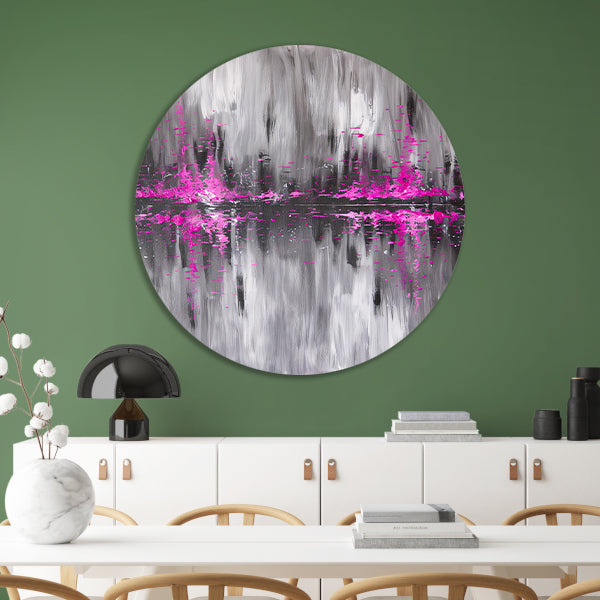 Abstracte skyline in grijs en roze aluminium muurcirkel