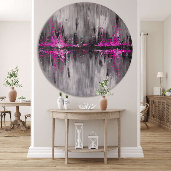 Abstracte skyline in grijs en roze aluminium muurcirkel