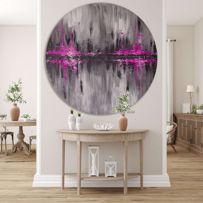 Abstracte skyline in grijs en roze aluminium muurcirkel