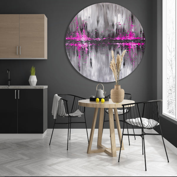 Abstracte skyline in grijs en roze aluminium muurcirkel