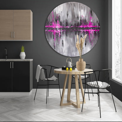 Abstracte skyline in grijs en roze aluminium muurcirkel