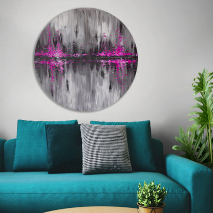 Abstracte skyline in grijs en roze aluminium muurcirkel