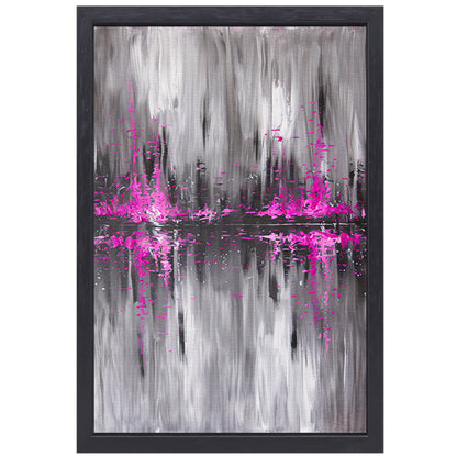 Abstracte skyline in grijs en roze canvas met baklijst