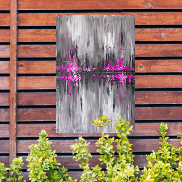 Abstracte skyline in grijs en roze tuinposter