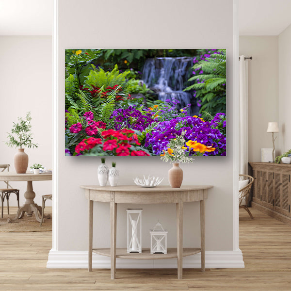 Levendige bloementuin met serene waterval canvas