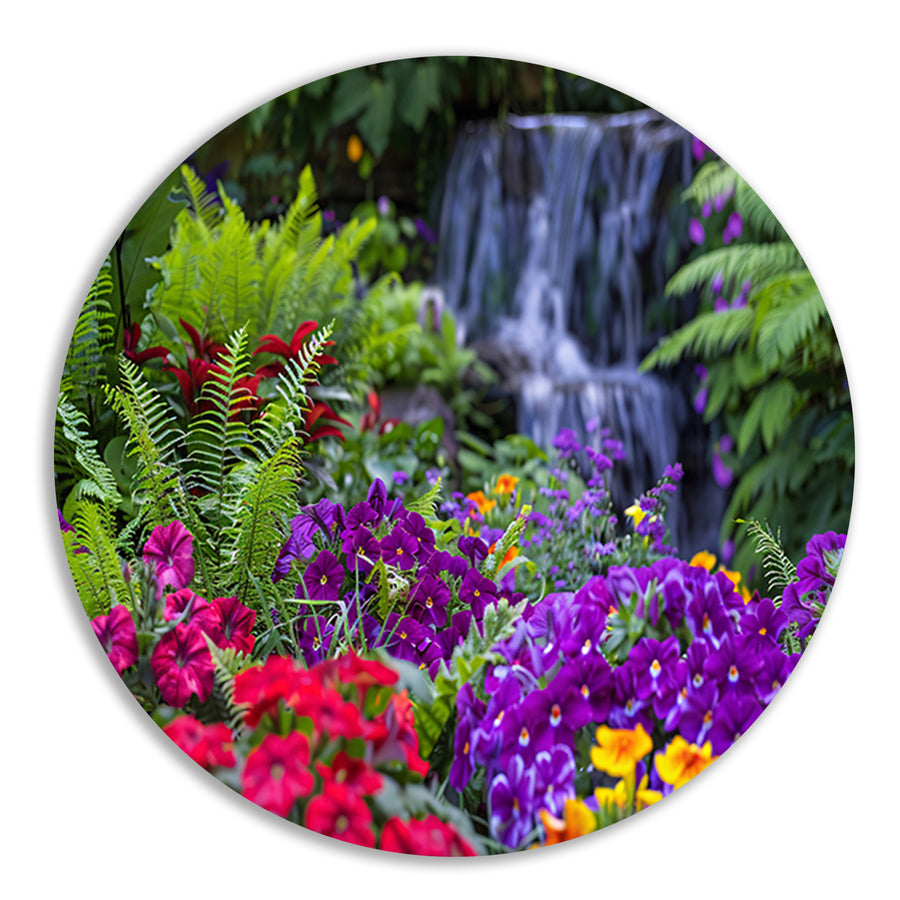 Levendige bloementuin met serene waterval forex muurcirkel